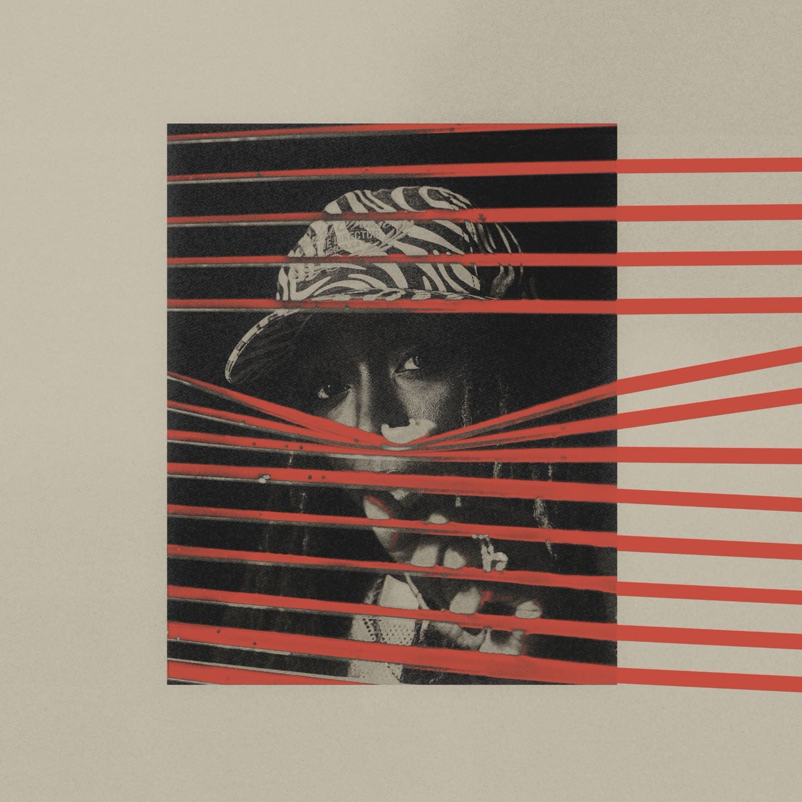 Jackie Hill Perry behind blinds, a collage on paper with red slats running off the frame